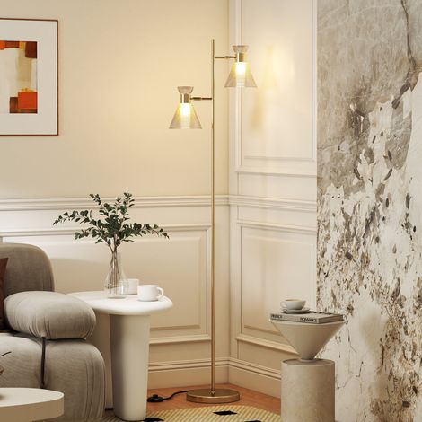 Verstellbare, zweiflammige Stehlampe für das Wohnzimmer, Stehlampe, floraler Glasschirm, 42 x 25 x 165 cm, goldfarben