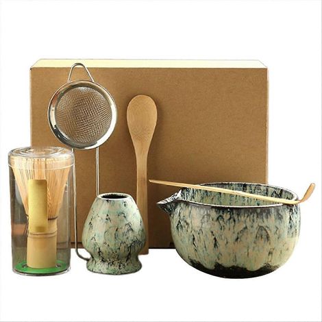 6-teiliges japanisches Matcha-Tee-Set bestehend aus einem Bambusbesen, einem Teelöffel, einer Matcha-Schale und einem Besenständer. Farbe: Cyan. (1/5)