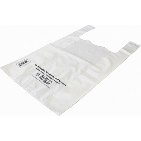 Lot de 100 sacs bretelles réutilisables en PEHD blanc 50 microns – Dimensions 26x12x45cm – Pour emballage alimentaire et transport – Publi Embal