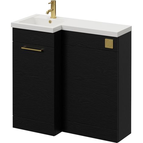 Napoli 390 Nero Oak 900mm Single Door Vanity Unit Toilet Suite with Left Hand Square Lucia Basin - 900mm - Brushed Brass 160mm HandleWithout Kingston Toilet Pan