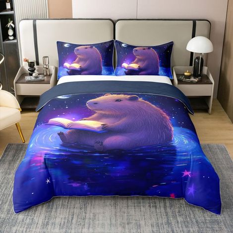 Parure de lit douce en coton avec housse de couette 135 x 200 cm, motif animal dégradé de couleur rose lilas ciel étoilé lune (1/5)