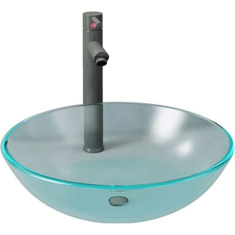 Lavabo de salle de bain avec robinet et bonde à bouton-poussoir. En verre trempé.