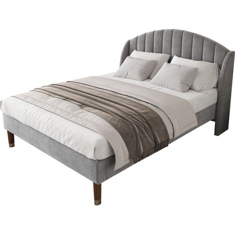 Lit Adulte 140×200 cm, Lit Double Rembourré avec Tête de Lit et Pieds 20 cm, sans Matelas, Velours Gris (1/5)