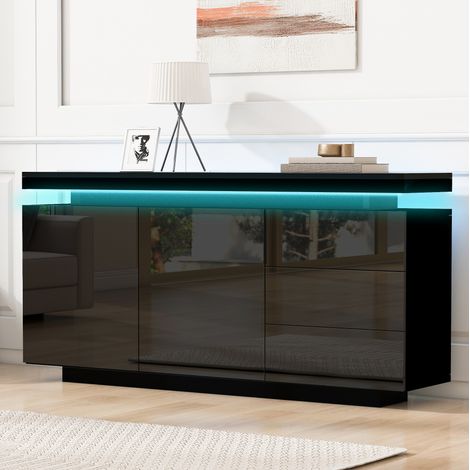 Credenza 140/35/72,5 cm nera lucida con LED, 2 ante e 3 cassetti, design moderno (1/5)