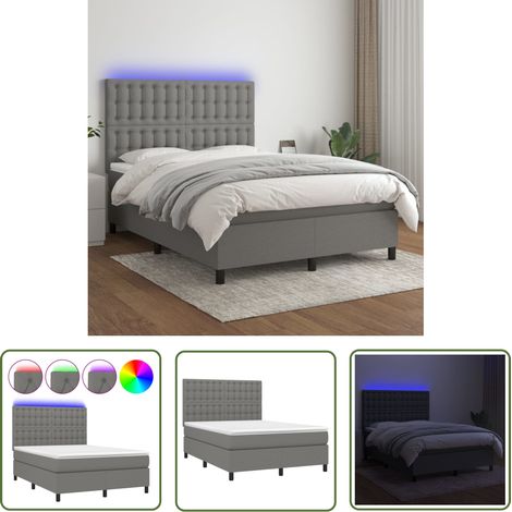 The Living Store Sommier à lattes de lit et matelas et LED Gris foncé 140x190 cm - Sommier Tapissier - Lit Plateforme - Lit Avec Rangement - Matelas À Ressorts Ensachés - Éclairage LED (1/5)