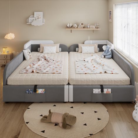 Cama doble 2x90x200 cm para niños, Cama canapé abatible con pistón hidráulico barrera de seguridad acolchada y bolsillo organizador, Terciopelo y contrachapado, Gris (1/5)