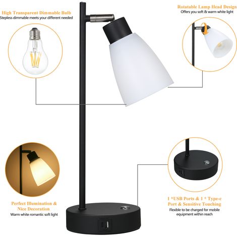 Ortviai Lampe de table industrielle avec commande tactile, 1 port USB-C + 1 port USB, variation continue de luminosité, ampoule LED incluse