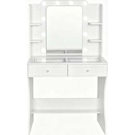 Coiffeuse avec miroir LED tricolore, plateau en verre trempé, 2 tiroirs et 4 niches de rangement, blanc, idéale maquillage et organisation pour chambre - CHICFURN (1/5)