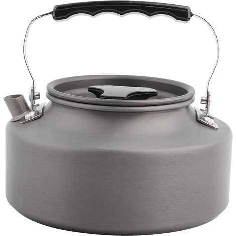 Bouilloire en aluminium 1.1L pour café et thé, idéale pour camping, randonnée et cuisine, avec poignée noire. (1/5)