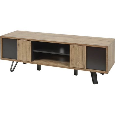 CARSON - Meuble TV 2 Portes Effet Bois Naturel et Noir (1/5)