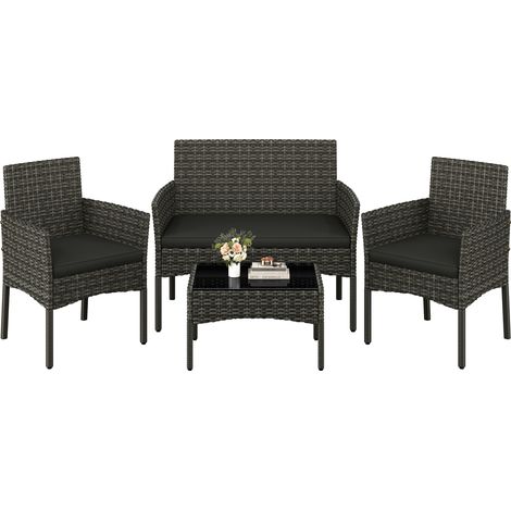 Yaheetech Set di Mobili per Esterni 4 Pezzi in Rattan PE con Divano 2 Poltrone e 1 Tavolo in Vetro Set di Conservazione per Balcone Giardino Grigio (1/5)