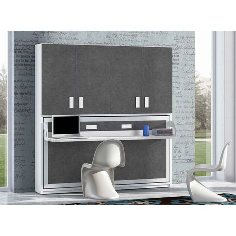 Lit escamotable 90x190 P 34cm gris béton avec étagères et bureau Miko (1/5)