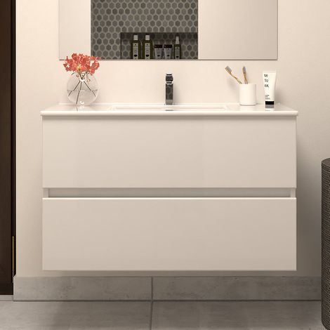 Meuble de salle de bain 70cm simple vasque - sans miroir - 2 tiroirs - blanc brillant - IDA