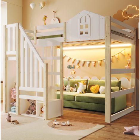 Cama alta 140x200 con LED y escalera de madera OKMYHOME (1/5)
