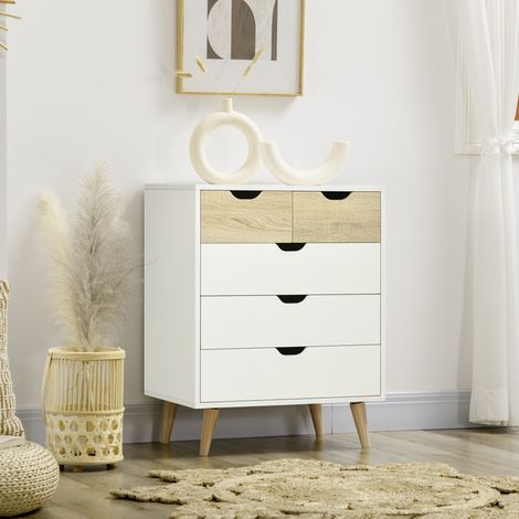 HOMCOM Kommode mit 5 Schubladen, modernes Design, geeignet für Schlafzimmer, Wohnzimmer und Arbeitszimmer, 60 x 40 x 77,5 cm, Natur und Weiß