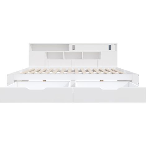Cama con almacenaje multifunción 140x200 cm en MDF blanco con cajones y estantes MODENUIT (1/5)