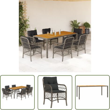 The Living Store 7-tlg. Garten-Essgruppe mit Kissen Grau Poly Rattan - Gartensessel - Gartenstuhl - Gartenmöbelset - Outdoor Möbel - Rattan Gartenmöbel (1/5)