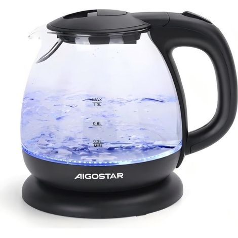 Bouilloire électrique Aigostar 2200W 1L Mini en verre borosilicate avec lumière bleue et arrêt automatique (1/3)