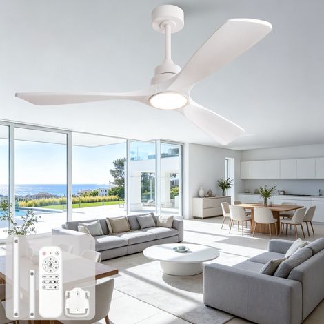 Deckenventilator 52 Zoll Weiß mit Licht, Massivholzflügeln, leisem DC-Motor, Fernbedienung, 6 Stufen und dimmbarer LED (1/5)