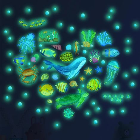 Autocollant murale lumineux déco océan animaux marins fluorescent, adhésif phosphorescent tortue de mer, méduse, poisson, monde sous-marin, stickers muraux pour chambre d’enfant, kit décoratif 3D, 180 (1/5)