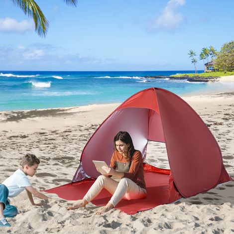 Tienda de Playa para 2-3 Personas Pop-Up con Ventanas tipo Refugio con Protección Solar UV 200x150x119 cm Rojo (1/5)