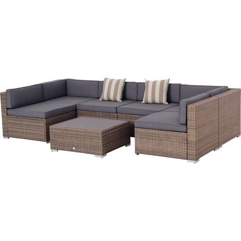 Set giardino 7 pezzi in vimino con tavolino e divano modulabile con cuscini, grigio