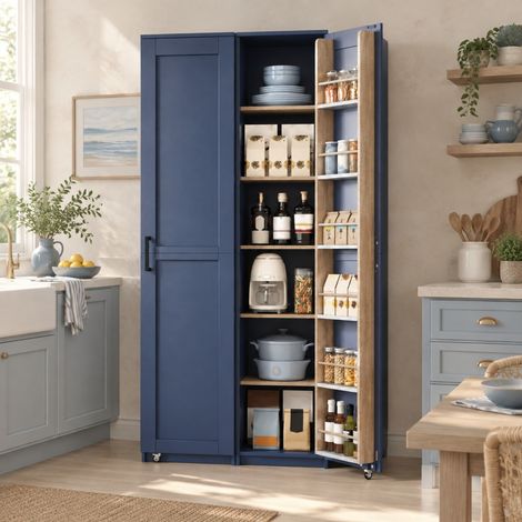 Armoire de rangement haute pour cuisine, meuble colonne avec porte et étagères réglables, rangements de porte, MDF bleu, 40 x 40 x 183 cm, anti-basculement, CHICFURN (1/5)