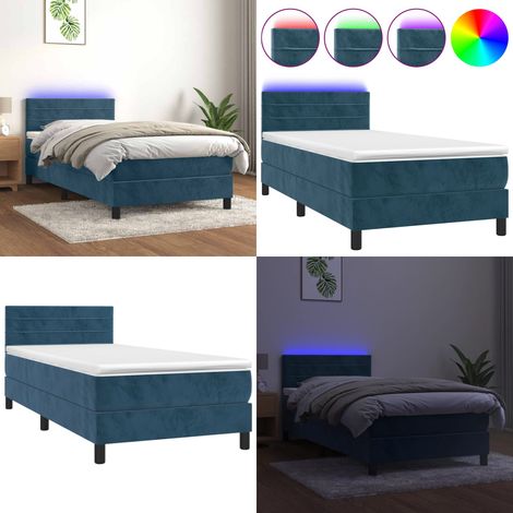 Cama box spring colchón y LED terciopelo azul oscuro 80x200 cm - Colchón con LED - Cama box spring