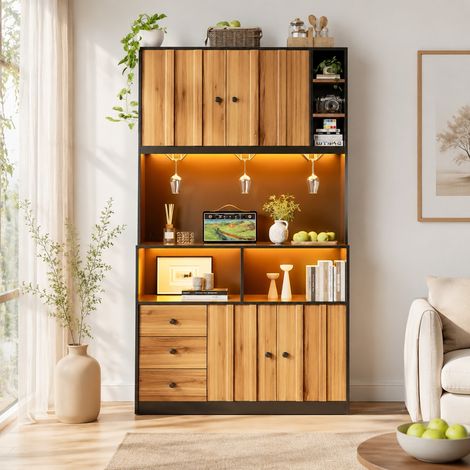 Mobile cucina alto 180 cm con LED, presa e vetrina nero DESVIAE (1/5)