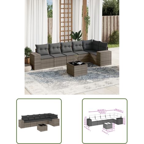 The Living Store 7-tlg. Garten-Sofagarnitur mit Kissen Grau Poly Rattan - Gartenmöbel - PE-Rattan Möbel - Outdoor Set - Esstisch - Lounge Gruppe (1/3)