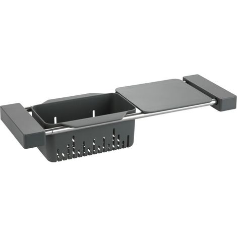 Organiseur évier 3en1 – Panier de rangement, passoire, planche à découper extensible – Acier inox et plastique – Dimensions 43,5-77,5 x 8 x 14 cm (1/5)
