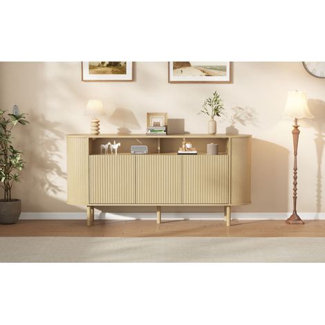 Buffet bois naturel 160 cm en panneau de particules avec 3 portes ondulées, niches et pieds massifs pour salon et salle à manger (1/5)