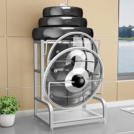 Zur Wand- oder Arbeitsplattenmontage, Deckelhalter aus Edelstahl 304, Deckelorganizer mit Essstäbchenkorb und Messerhalter (3 Fächer + 1 Topf) für die Küche. (1/5)