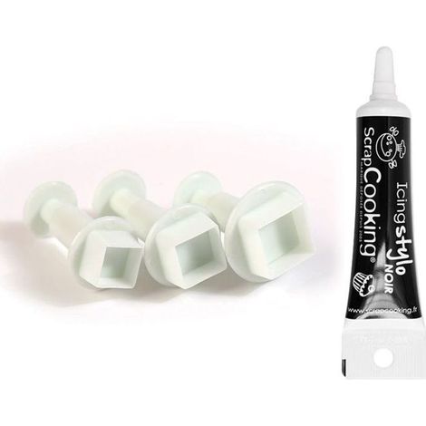 3 emporte-pièces à poussoir en plastique Carré + Stylo de glaçage noir