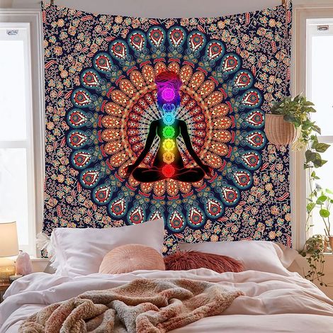 Tapisserie Mandala Bohème, Tapisserie Hippie, Paon Psychédélique, Tapisserie Boho, Décoration Murale pour Chambre (200 cm x 150 cm, Couleur 2)