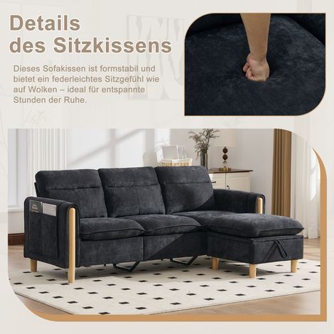 Ensemble canapé d'angle 3 places nordique avec pouf coffre, fauteuil en tissu à rangements latéraux, pieds bois, idéal petit salon (chenille noire) (1/5)