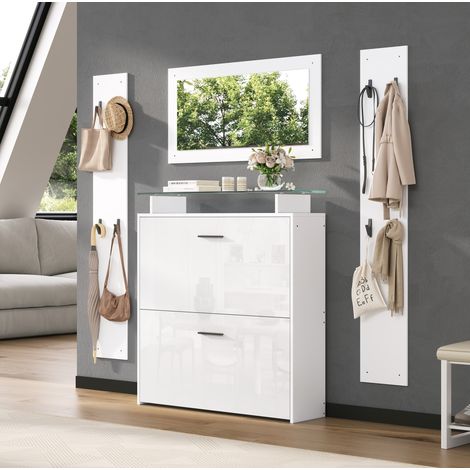 Conjunto de recibidor con perchero de aglomerado blanco y 8 ganchos, 89,5 x 23 x 96,5 cm, zapatero brillante con espejo (1/5)
