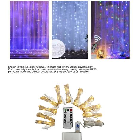 Guirlande lumineuse rideau en fil de cuivre, 3 x 3 mètres, 300 LED, 8 modes de couleurs, télécommande USB, décoration de Noël, guirlande lumineuse en fil de cuivre coloré avec crochet et télécommande. (1/4)