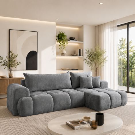 EVELIA - Canapé d'angle convertible 4 places en tissu haute résistance - 265 cm - Gris clair (1/4)