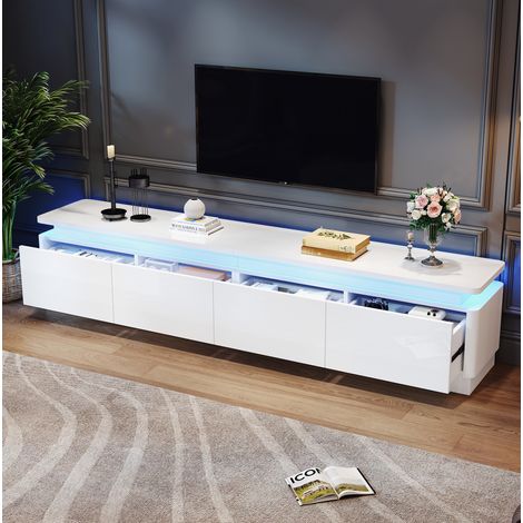 Mueble TV 180x34x40 cm blanco en tablero de partículas con 4 cajones, acabado brillo y LED (1/5)