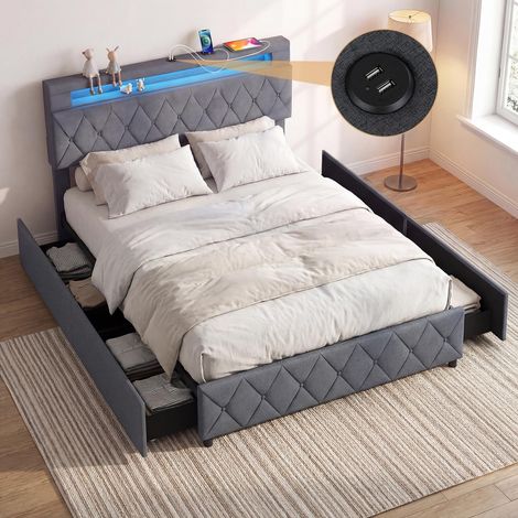 lit 140x200 cadre adolescent lit avec rangement 160x200 plate-forme sommier à lattes cadre de lit LED double tiroirs éclairage LED tête de lit rembo (1/5)