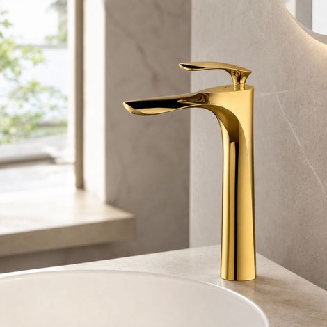 Robinet lavabo mitigeur en laiton doré, hauteur 300mm, bec haut avec cartouche céramique, design élégant pour salle de bain (1/5)