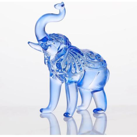 Statue d'éléphant de cristal, statue de verre, animal de cristal, décoration de table avec poitrine supérieure (bleu) (1/5)