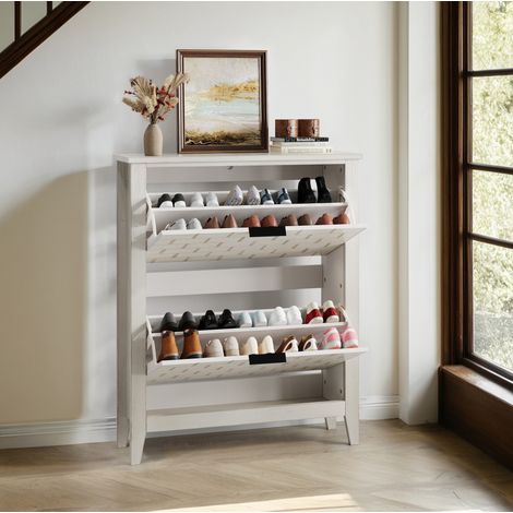 Mobile porta scarpe 80 cm bianco in MDF con 2 ante ribaltabili e stile vintage (1/5)