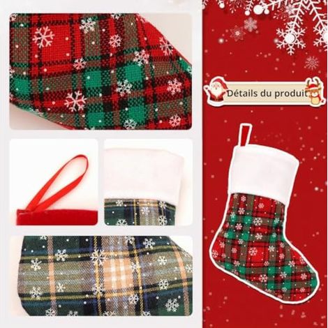 Lot de 4 chaussettes de Noël, chaussettes de Noël tricotées à carreaux de 23 cm pour sapin de Noël, décorations de cheminée familiales (1/3)