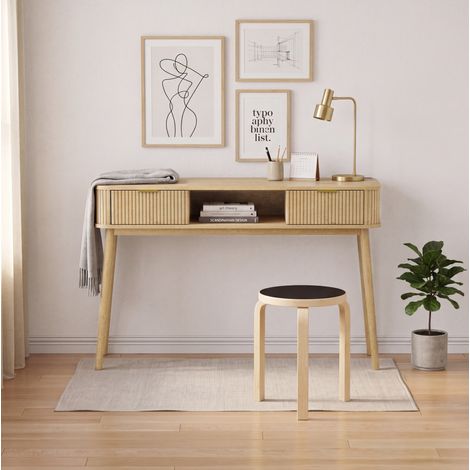 Mesa consola efecto roble con 2 cajones y compartimento abierto 120 x 35 x 77,6 cm OKWISH (1/5)