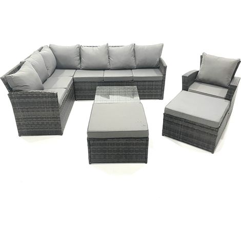 Fimous 9 Seater Outdoor Garden Furniture Set Wicker PE Rattan Corner Sofa Set with Square Coffee Table 2 Big Footstool Dark Grey Mixed