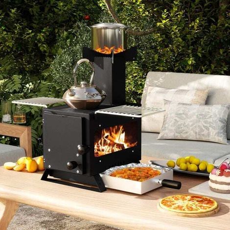 Poêle à bois portable argenté en acier SPCC avec grille à casseroles, four inférieur et fenêtre vitrocéramique (1/5)