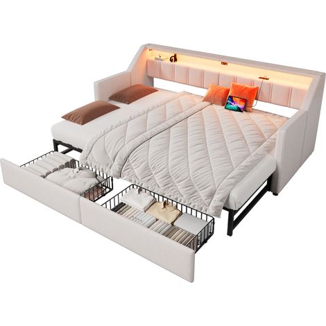 Lit avec rangement en lin beige 90x200 cm avec lit gigogne 180x200, LED + USB/Type-C, 2 tiroirs (1/5)