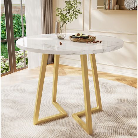 Table à manger ronde 80 cm en MDF effet marbre blanc avec piètement métal réglable, idéale pour cuisine, salle à manger, salon ou bureau, pour petits espaces, CHICFURN (1/5)